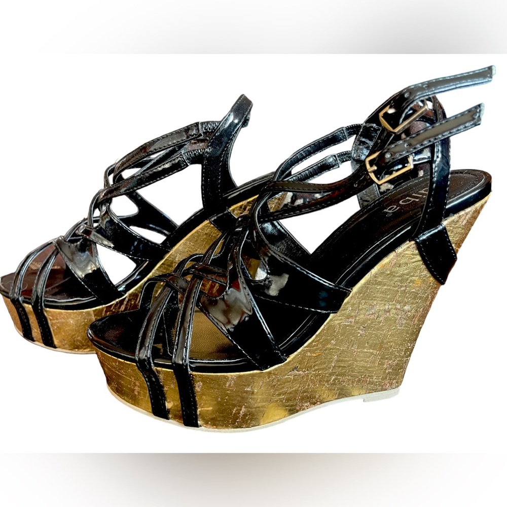 DIBA Patent Leather Black and Metallic Gold Wedge Platform Sandals